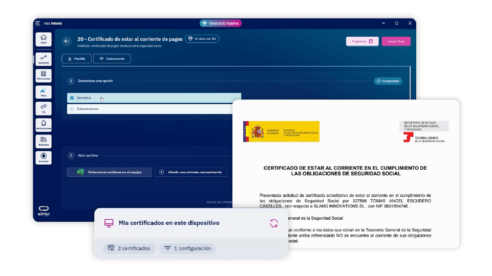 a3Pilot generando automáticamente el certificado tributario de estar al corriente con la AEAT
