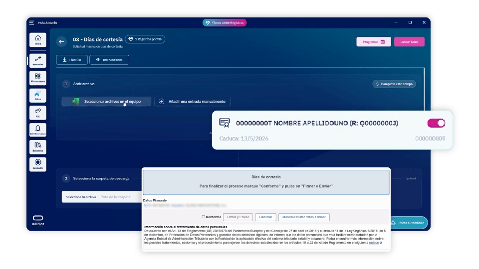 a3Pilot realizando la solicitud masiva de días de cortesía ante la AEAT