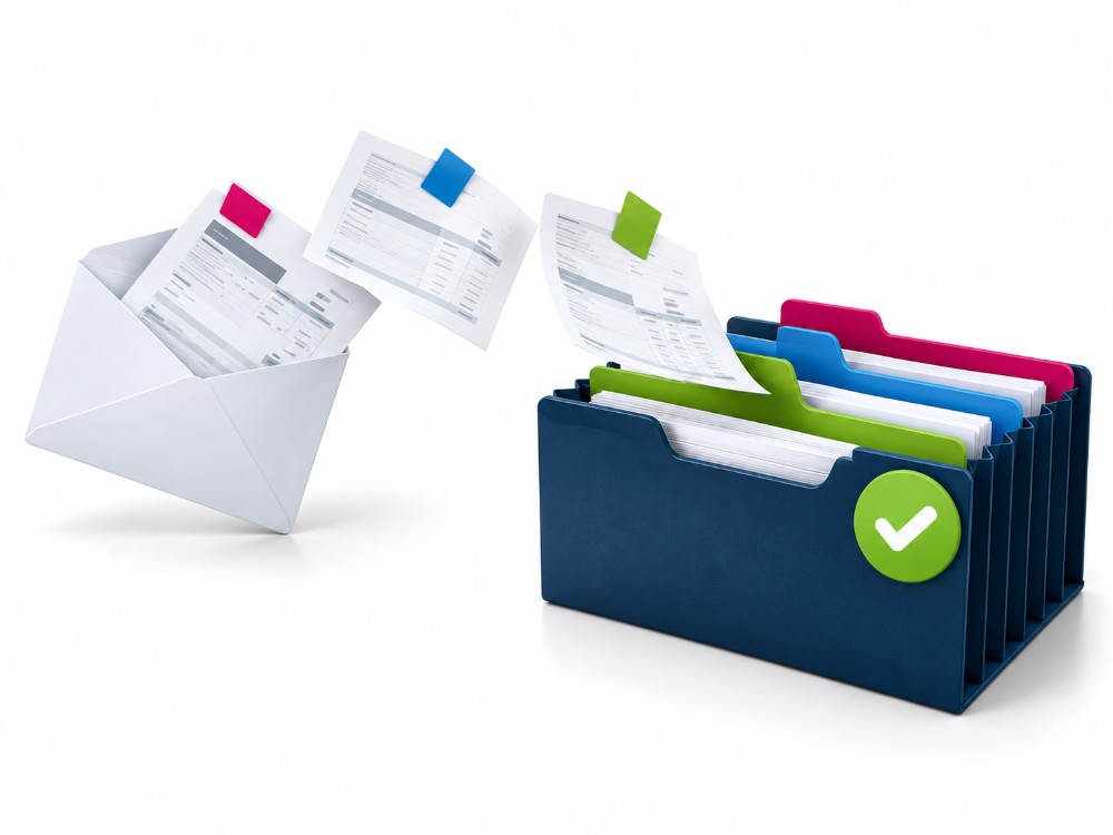Documentos que llegan desde un sobre y se archivan clasificados en carpetas: gestión documental automatizada
