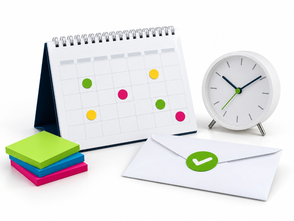 Calendario con plazos marcados, reloj y notificación validada: control automático de vencimientos y notificaciones