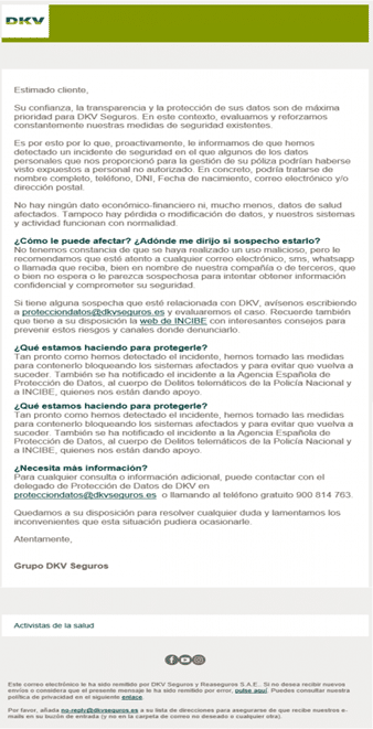 comunicado oficial de DKV Seguros tras la filtración de datos personales por ciberataque en febrero de 2025
