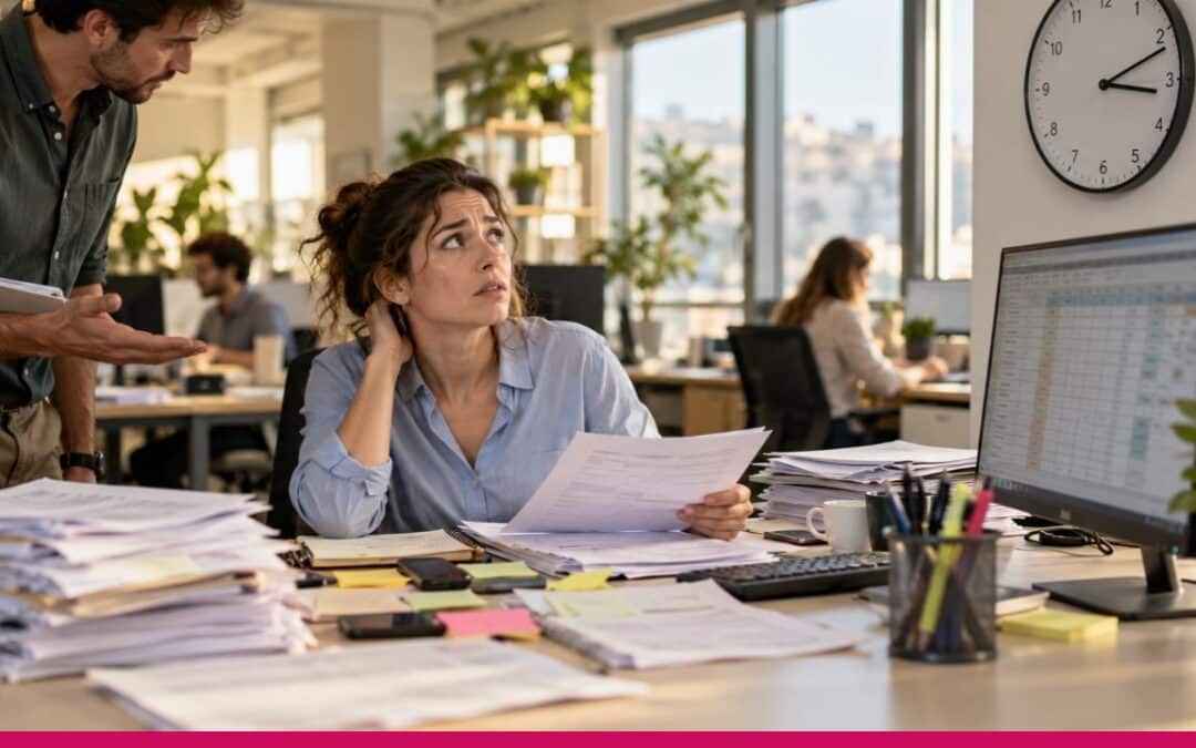 Empleada de administración de una pyme interrumpida entre facturas y albaranes, ejemplo de cómo las microtareas restan productividad