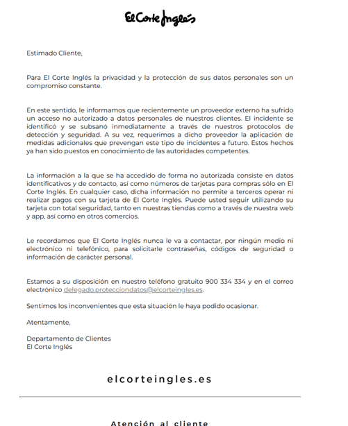 notificación sobre la filtración de datos de clientes tras el ciberataque de los proveedores de El Corte Inglés